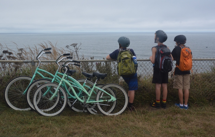 three boys with look-alike bikes at fence
